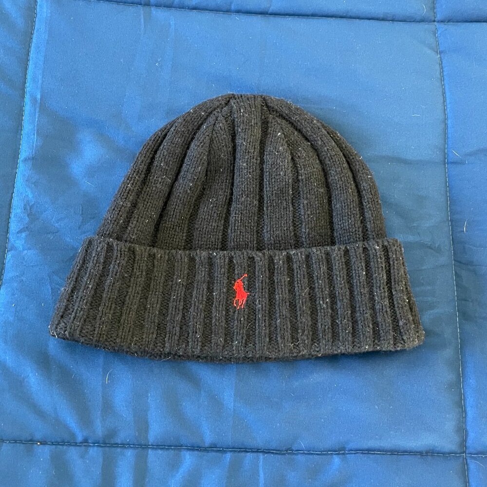 Polo Ralph Lauren Ribbed Knit Beanie – Black w/ Red Pony Logo